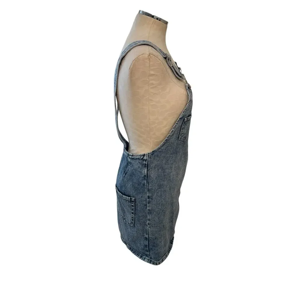 Pacsun Women Overall Blue Denim Zip Front Adjustable Strap Mini Dress Size Small